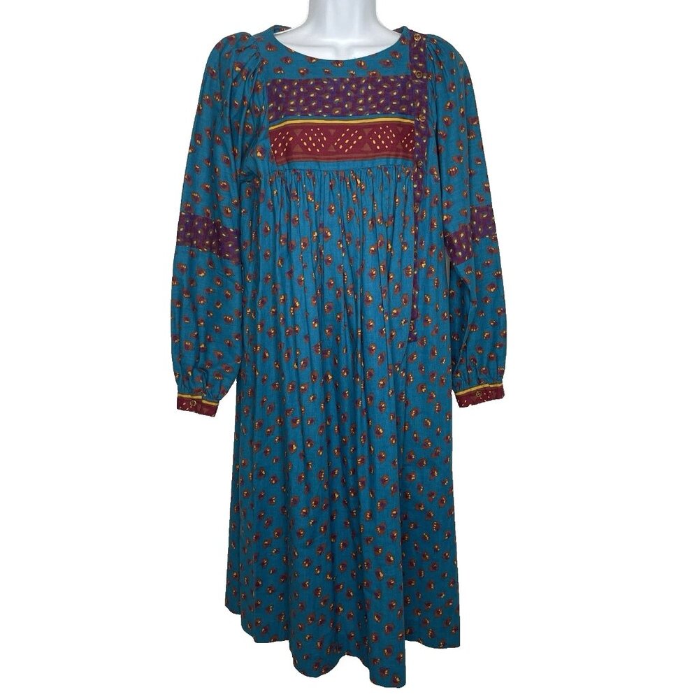 Vintage 70s California Girl Midi Hippie Dress Size 6 Turquoise Abstract Floral